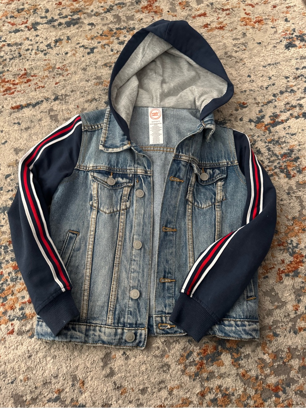 wonder nation Navy Hooded Denim Jacket with Red & White Stripe Sleeves